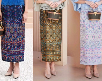 Thai Wrap around Mini Skirt Thai Skirt Thai Parwa Silk Style woven pattern Waist 24-44 inches.Ready to wear.