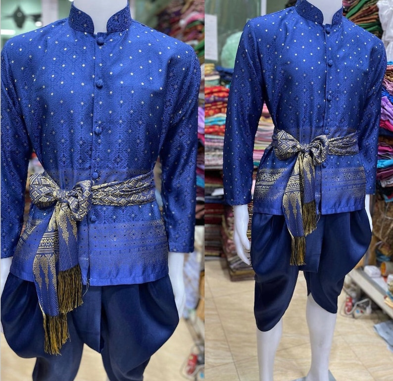 Thai Traditional Vintage T-Shirt for Men Silk Shirt Lanna Shirt. image 3