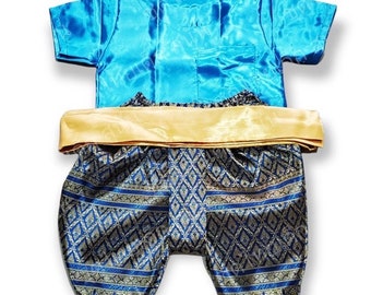 Set of Thai Traditional Vintage Sabai Shirt & Pants with Sashes for Kids Boy