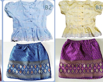Set of Thai Traditional Vintage Sabai Shirt & Skirt Short Skirt for Kids Girl  (6 month-9 years)
