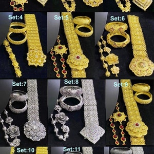 May include: Twelve sets of gold and silver Thai jewelry, each set includes a belt, a pair of bracelets, and a pendant. The jewelry is decorated with intricate floral designs and sparkling rhinestones.