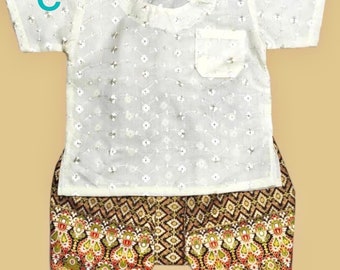 Set of Thai Traditional Toddler Lace Blouse &Thai pants 3month-1yr.