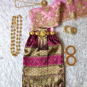 Set of Thai Traditional Vintage Sabai Shirt & skirt  for Kids Girl Parwa Silk