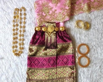 Set of Thai Traditional Vintage Sabai Shirt & skirt  for Kids Girl Parwa Silk