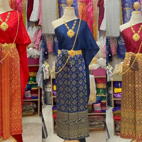 Set of Thai Traditional Vintage Sabai Shirt & skirt  for Adults