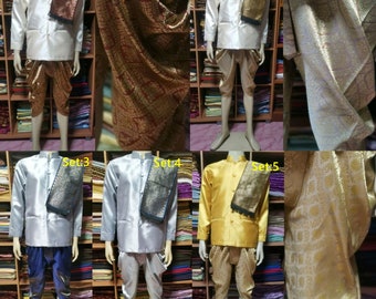 Set of Thai Traditional khmer traditional Vintage T-Shirt for Men Silk Shirt.