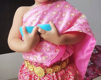 Set of Thai Traditional Vintage Sabai Shirt & Pants for Kids Girl