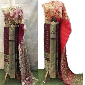 Elegant Traditional Thai dress khmer traditional Sabai Shirt & skirt Thai Costumes Wedding Embriodered  brocade Silk
