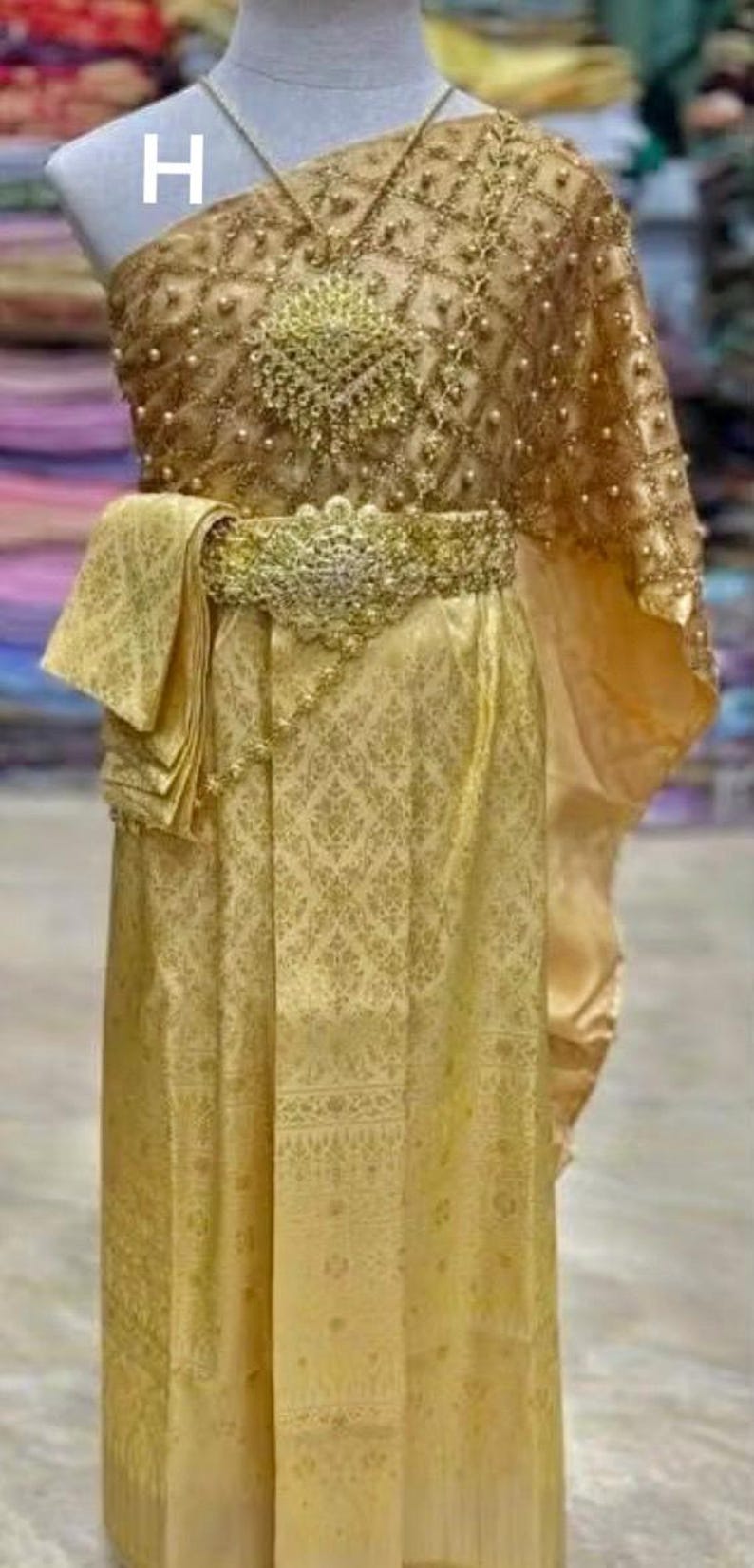 Set of Thai Traditional Vintage Sabai Shirt & skirt for Kids Girl Parwa Silk H