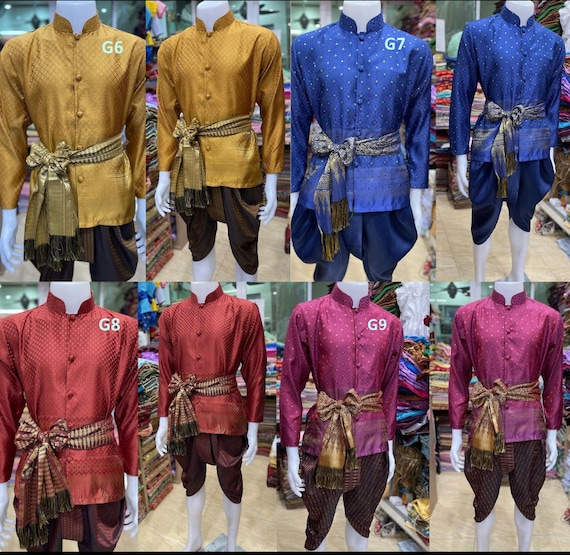 Thai Traditional Vintage T-Shirt for Men Silk Shirt Lanna Shirt.