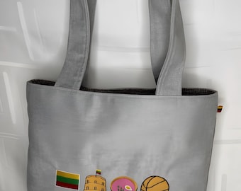 Lite grey handmade tote bag with Lithuania simbol