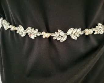Bridal pearl belt wedding belt pearls narrow, bridal sash vintage style boho bridal belt silver