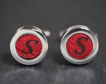 personalized cufflinks, leather, red, stainless steel cufflinks, gift tip groom, bride father gift,