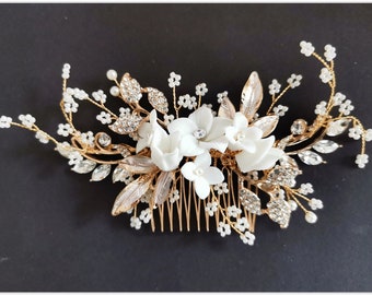 Bridal hair comb rose gold, silver, gold, wedding hair comb, vintage wedding, white flower hair comb, boho wedding,