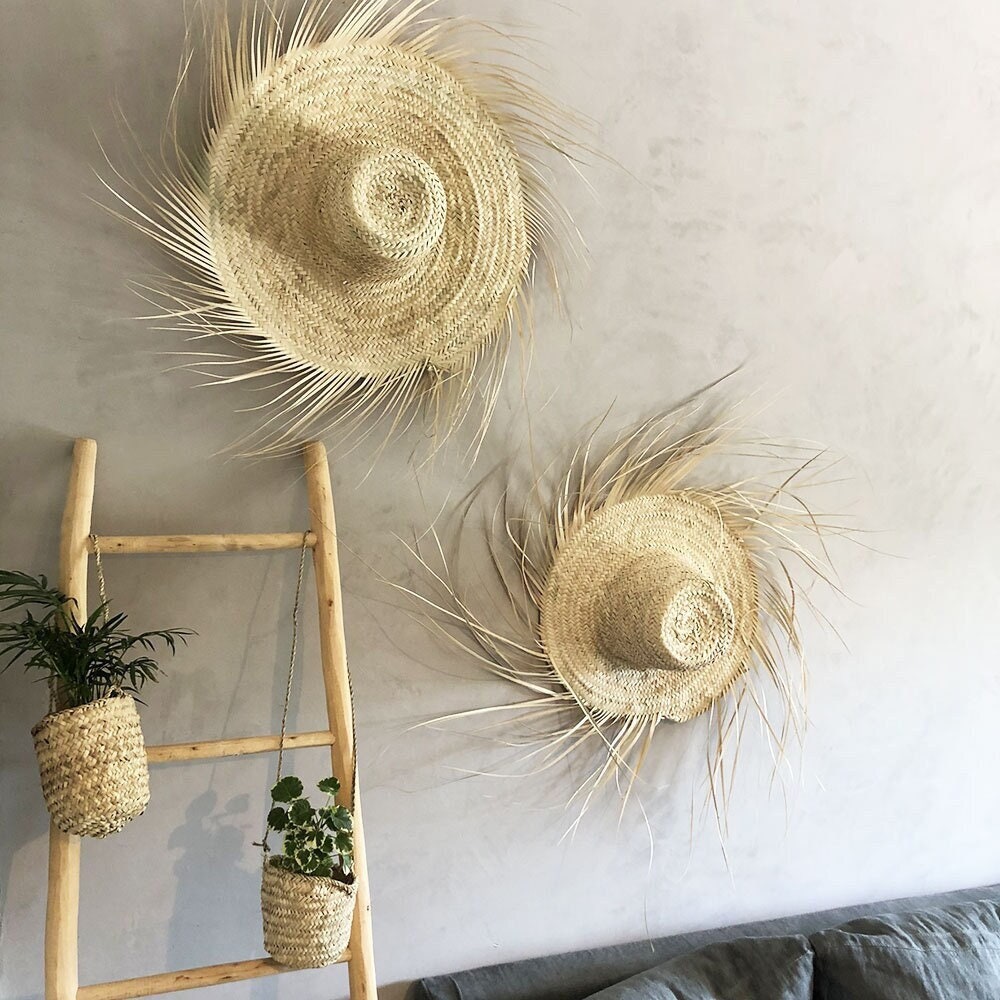 Chapeau en Palmier avec Franges Déco Murale - Naturel D30cm