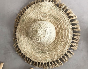 Chapeau en palmier avec franges en raphia - Naturel - D40-45cm