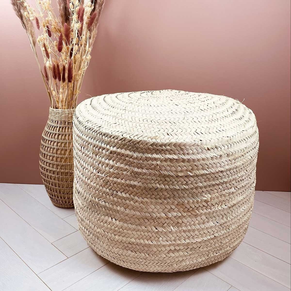 Pouf Rond en Palmier Tressé Garni Xl D50cm