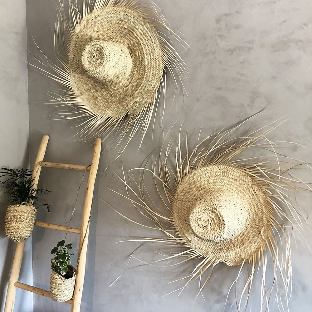 Chapeau en Palmier avec Franges Déco Murale - Naturel D50cm