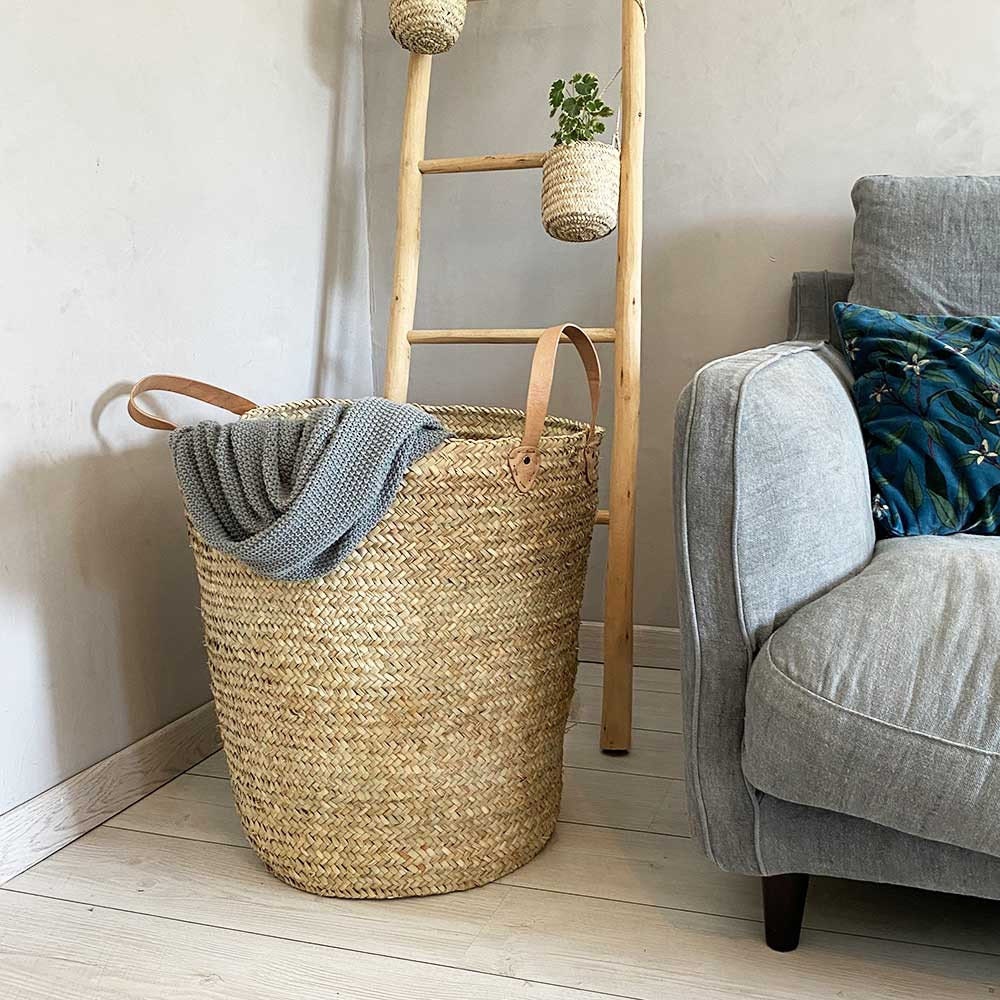 Grande Panière de Rangement Palmier avec Anses Cuir