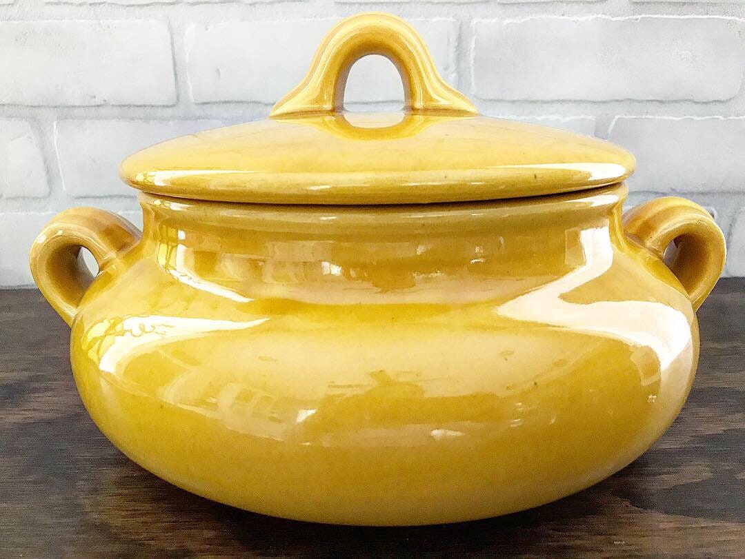 Vintage Yellow Pottery Pot with Lid / Vintage Dishes / Vintage Etsy
