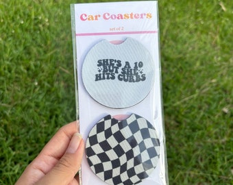 She's a 10 Wavy Checkerboard Coaster Set, Car Cup Holder Coaster Set of 2, Cute Car Accessories, Cute Coasters, Gifts for Her, New Car Gift