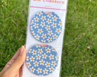 Blue Daisies Car Coaster, Car Cup Holder Coaster Set of 2, Cute Car Accessories, Stocking Stuffer, Gifts for Her, New Car Gift