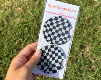 Wavy Black Checkerboard Car Coaster, Car Cup Holder Coaster Set of 2, Cute Car Accessories, Stocking Stuffer, Gifts for Her, New Car Gift