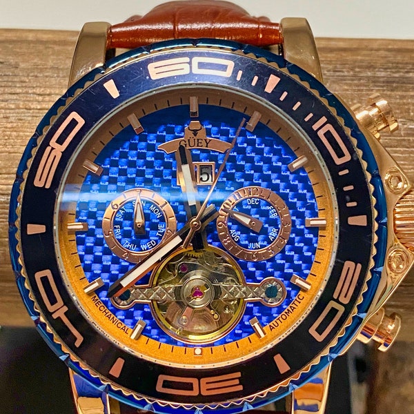 Reloj Mecánico Tourbillon Marrón Dorado para Hombres de Negocios Impermeable Banda de Acero de Alto Grado - GBG1