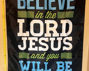 Believe In The Lord Jesus Flag FREE USA SHIPPING Christian Religion Hope Love Faith Christ God Jesus Saves God Poster Sign 3x5'