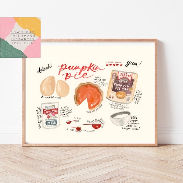 Pumpkin Pie Illustrated Recipe | Digital Download Illustrated Recipe | Instant Download Pumpkin Pie | Pumpkin Pie Art | Pumpkin Pie