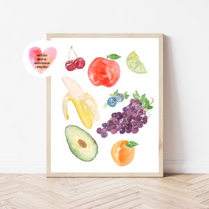 Fruit Party Print, Fruit Printable Art, Kitchen Decor, Kitchen Printable Art, Fruit Digital Download, Mixed Fruit Illustration, Fruit Art