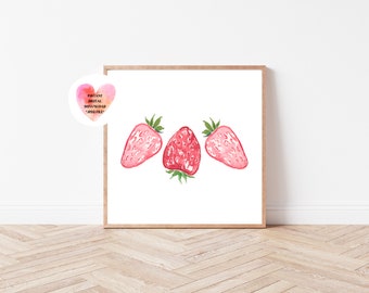 May include: A watercolor painting of three strawberries. The strawberries are pink and red with green leaves. The painting is on a white background.