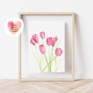 Tulip Bunch Print, Watercolor Tulip Print, Printable Tulip Art, Printable Wall Art, Pink Wall Art, Pink Tulips, Digital Download Wall Art
