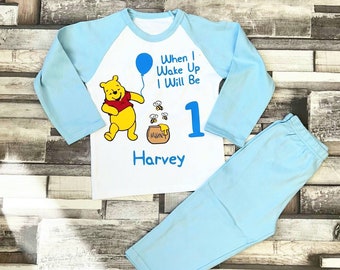 Teddy bear theme Birthday Matching Pyjamas available Clothing Unisex Kids Clothing Pyjamas & Robes Pyjamas Personalised Birthday T-Shirt  – teddy – blue cake 