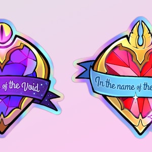 May include: Two holographic stickers featuring heart-shaped gems with gold accents and blue ribbon banners. The left sticker has a purple gem and the text "In the name of the Void". The right sticker has a red gem and the text "In the name of the Sunwell".