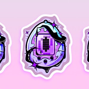 May include: Three purple and blue digital pet toys with black outlines and white borders. The toys are surrounded by a white, glittery background.