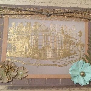 greeting card handmade, thinking of you, handmade card, just Because,vintage, embossed brick, card for a friend, downtown city scene