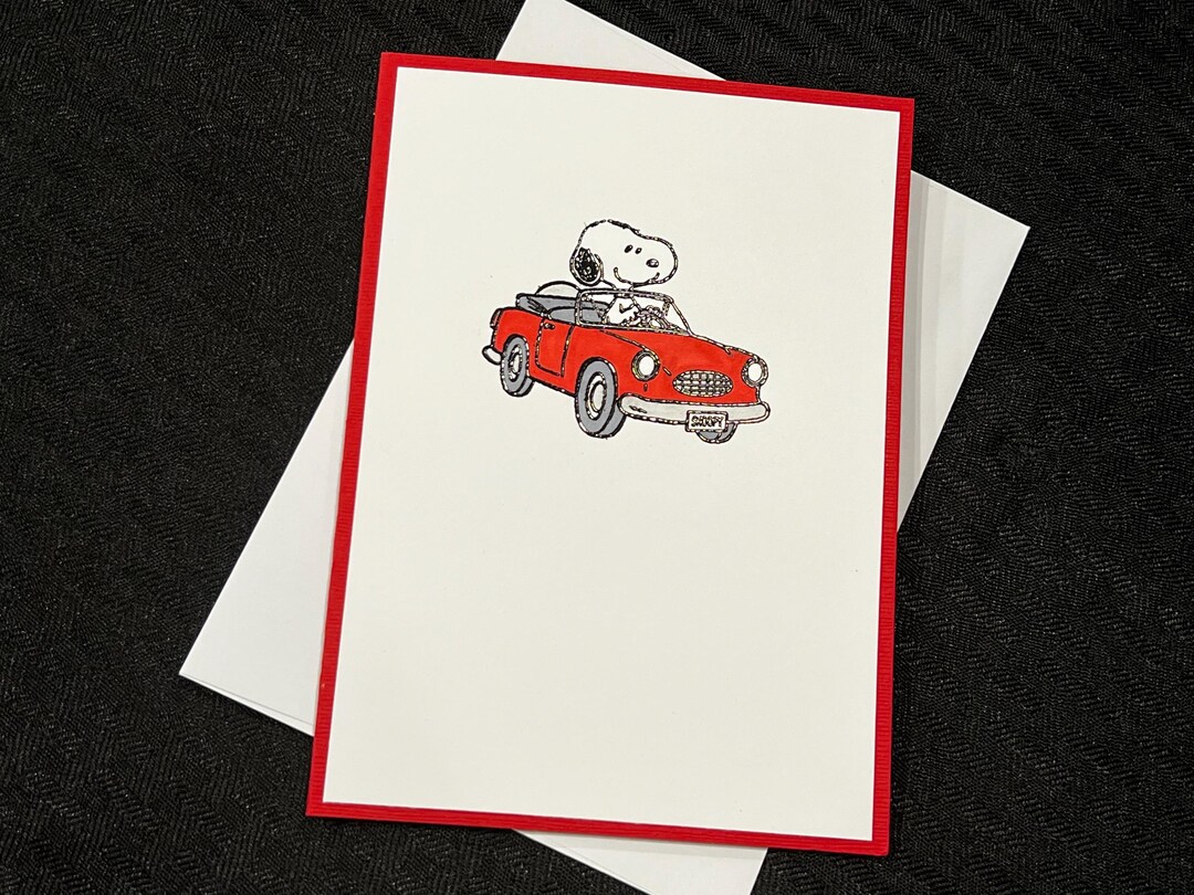 Snoopy Greeting Card, Handmade Card, Blank Inside, Red Car, Simple ...