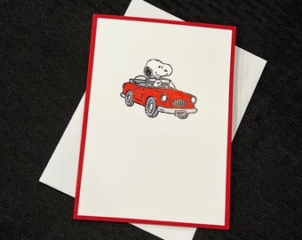 Snoopy greeting card, handmade card, blank inside, red car, simple design