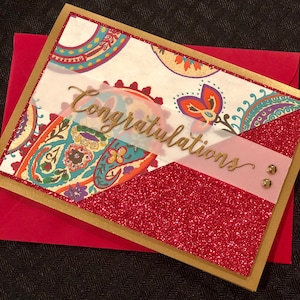 Indian wedding card wedding greeting card handmade cards red and gold luxury engagement red glitter embellished Indian bride image 2