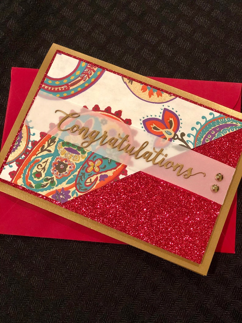 Indian wedding card wedding greeting card handmade cards red and gold luxury engagement red glitter embellished Indian bride image 2