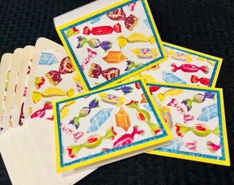 Handmade Italian Candy Note Cards, Yellow Blue Glitter Accents (Set of 4)