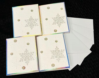 Holographic Snowflake Cards, Handmade Winter Greeting, Set of 4, embossed