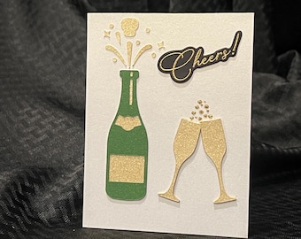 Handmade Cheers Anniversary Card, Champagne Flutes, Gold Shimmer