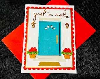 3D Housewarming Card: Teal Door, Coral Flowers, Just a Note