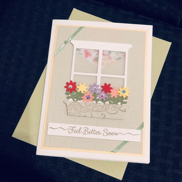 Get well window handmade card | feel better soon card | flower garden card cheery hello| thinking of you| under the weather | greeting card