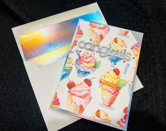 Handmade Congratulations Card: Ice Cream Sundae, Holographic Accents
