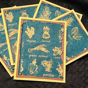 Herbs card set of 5| handmade cards |blank notecards|all occasion| metallic herb garden print | gold, teal | thank you| layered, embellished