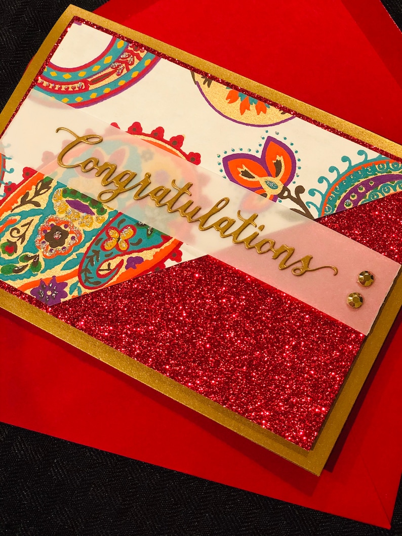 Indian wedding card wedding greeting card handmade cards red and gold luxury engagement red glitter embellished Indian bride image 4