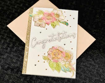 Rhinestone Wedding Congratulations Card, Hand-Painted Flowers